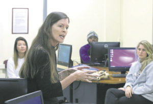 Photo by Alan Warren, Messenger-Inquirer/awarren@messenger-inquirer.com  Professor Tamara Coy talks about her screenwriting class which writes short films and has written three pilot scripts in the class at Kentucky Wesleyan College. 