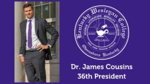 Banner with profile photo of Dr. James Cousins, announced as 36th president