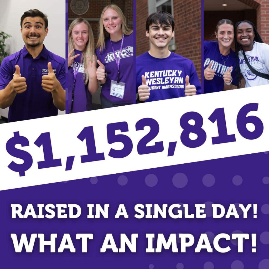 A group of students giving thumbs-up for the total raised for Giving Tuesday graphic
