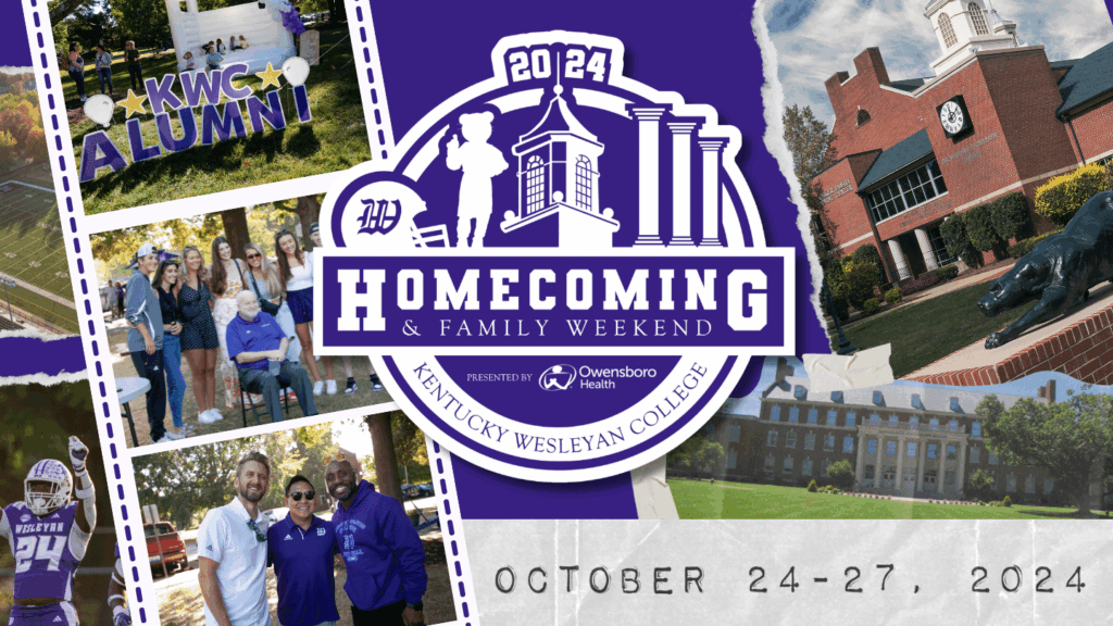 KWC Homecoming and Family Weekend graphic with collage of on campus photos, athletics, students, faculty and alumni