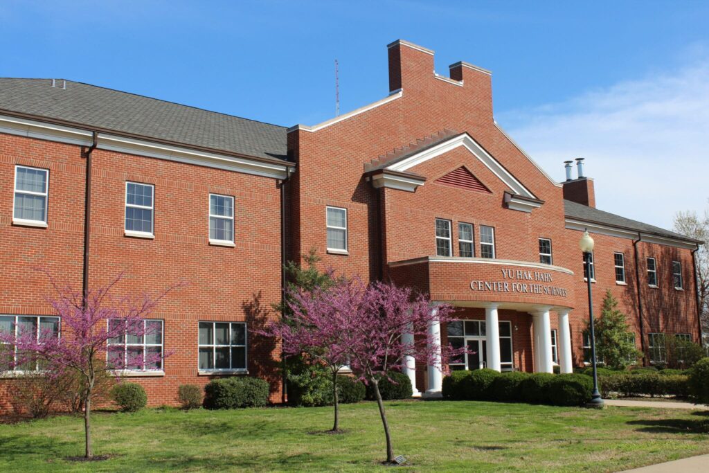 A wide image of outside of the Yu Hak Hahn Center for the Sciences building