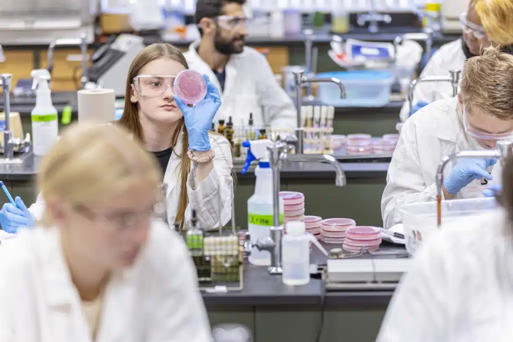Students working with a hands-on activity inside a science lab