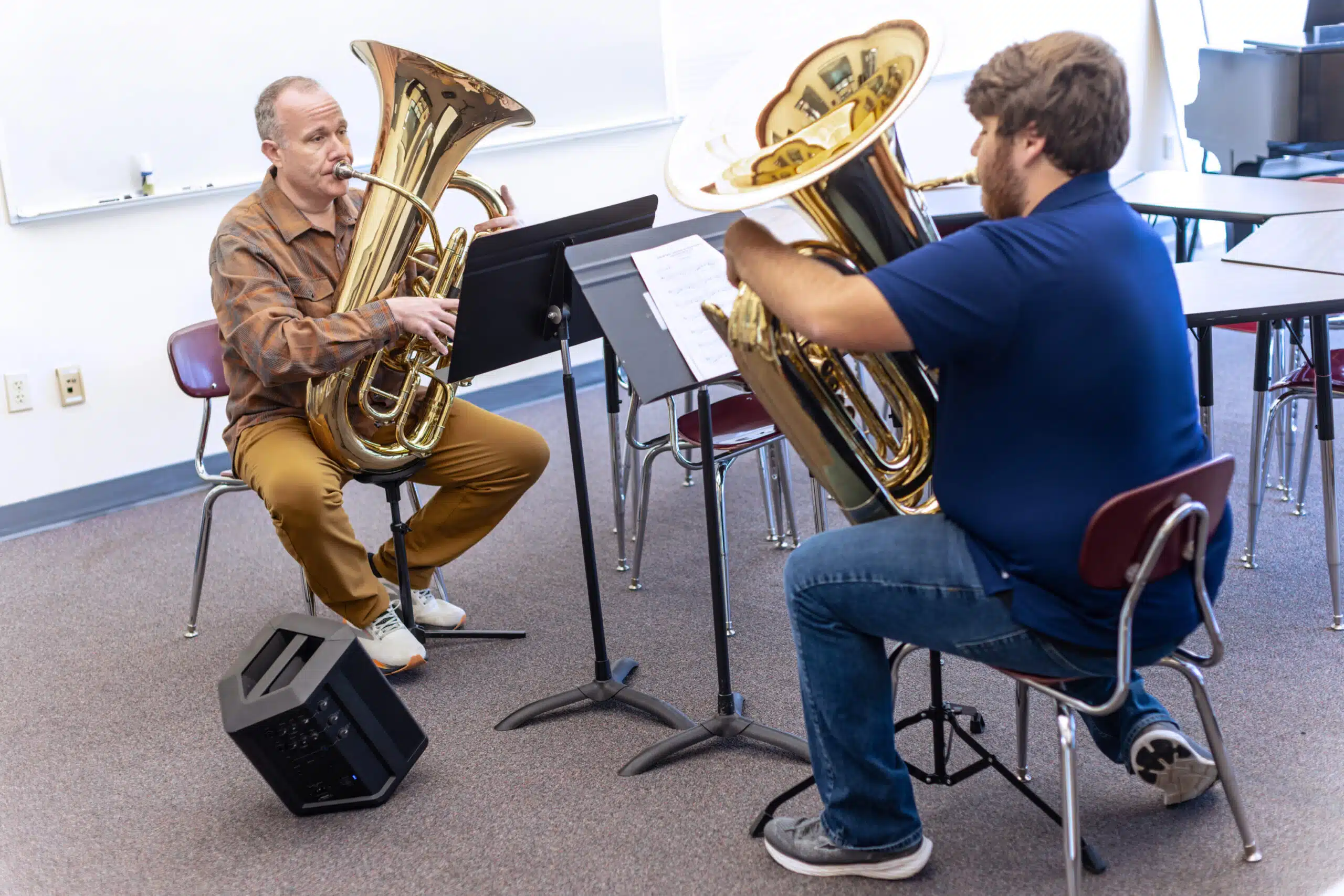 professor and student practicing musical instruments together